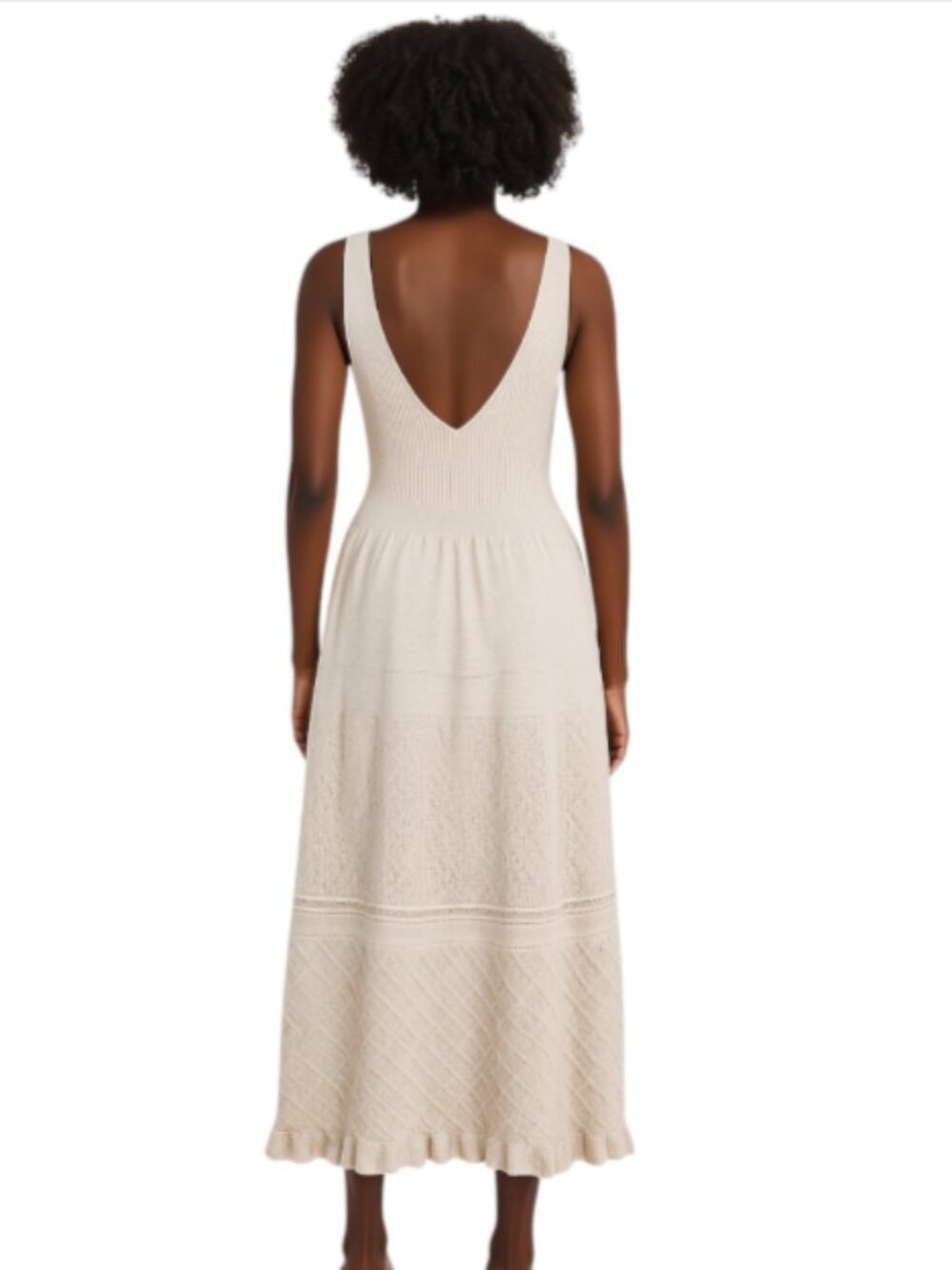 La Vie Medium Beige Cotton Knit Midi Dress RTR Ribbed Bodice Scallop Hem Party - Picture 2 of 15